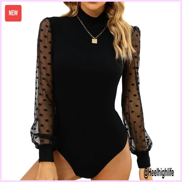 Sheer Mesh Long Sleeve Bodysuit Turtleneck Ribbed Shapewear